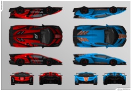 Lamborghini Veneno. The Racing features red and black of the classic Yokohama/Advan livery. The Street livery, uses the heritage Gulf Racing colors (Blue and Orange hues) mixed with some white.